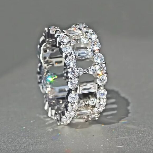 14k White Gold Pave Diamond Eternity Ring Band - Picture 3 of 4